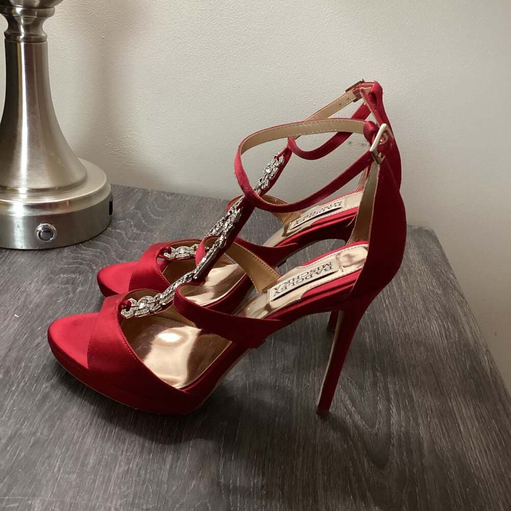 Badgley Mischka Red Satin Crystal Embellished Stiletto Heels Size 8 - Thumbnail 4