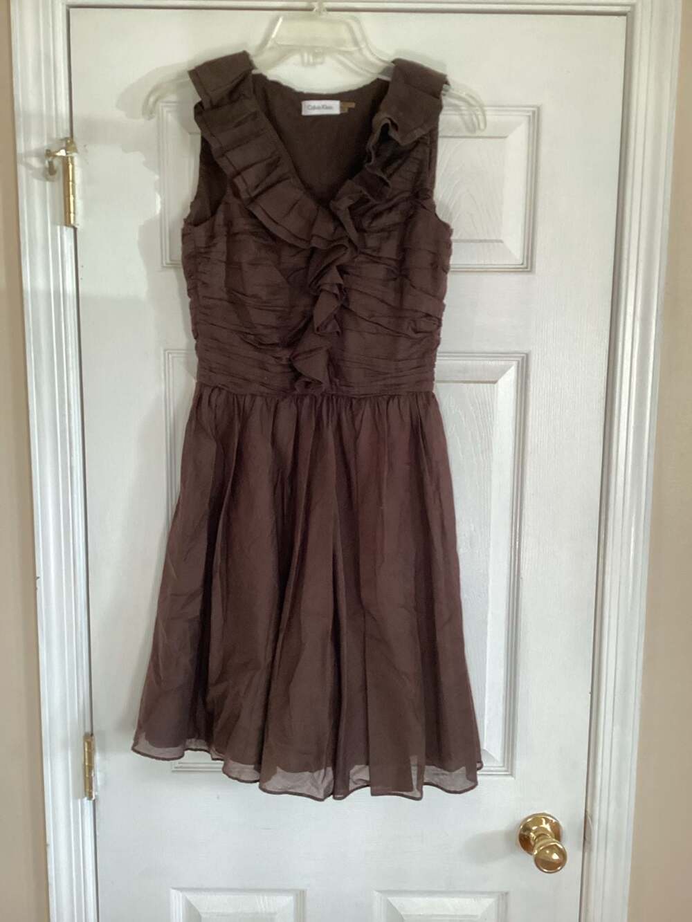 Calvin Klein Chocolate Brown Sleeveless V-Neck Ruffle Ruched Fit & Flare Dress - Thumbnail 3