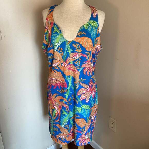 Gretchen Scott Sleeveless Tropical Palm Print Shift Dress Blue Orange Size L - Thumbnail 4