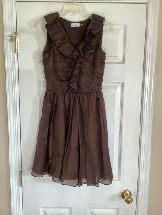 Calvin Klein Chocolate Brown Sleeveless V-Neck Ruffle Ruched Fit & Flare Dress - Thumbnail 4