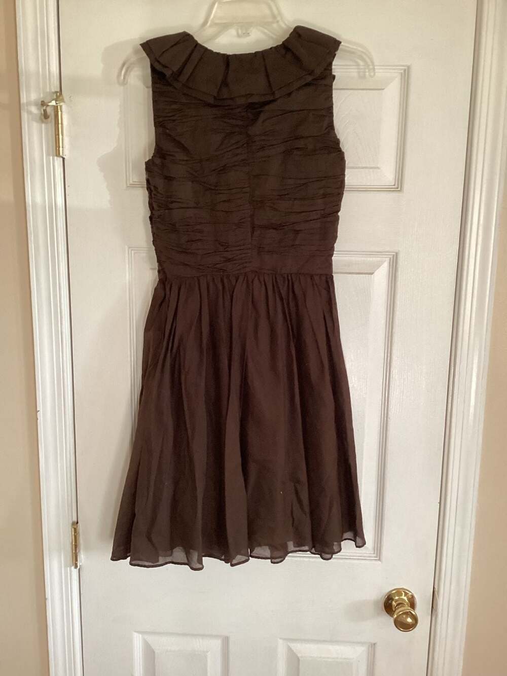 Calvin Klein Chocolate Brown Sleeveless V-Neck Ruffle Ruched Fit & Flare Dress - Thumbnail 2