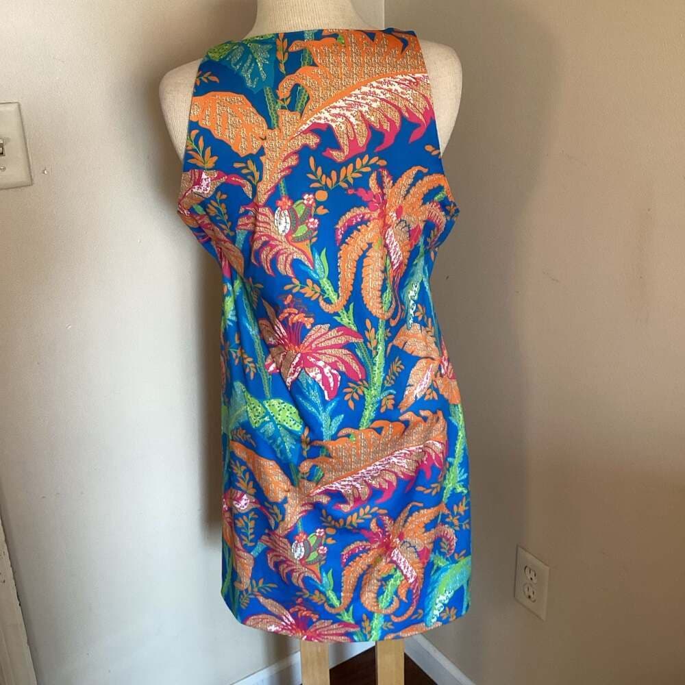 Gretchen Scott Sleeveless Tropical Palm Print Shift Dress Blue Orange Size L - Thumbnail 2