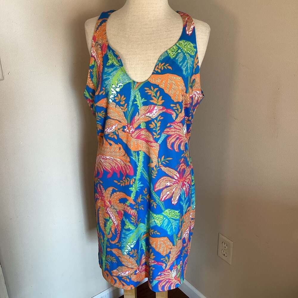 Gretchen Scott Sleeveless Tropical Palm Print Shift Dress Blue Orange Size L - Thumbnail 3