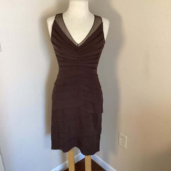 Chetta B Sherrie Bloom Peter Noviello Brown Tiered Cocktail Dress with Sheer Mes - Thumbnail 4