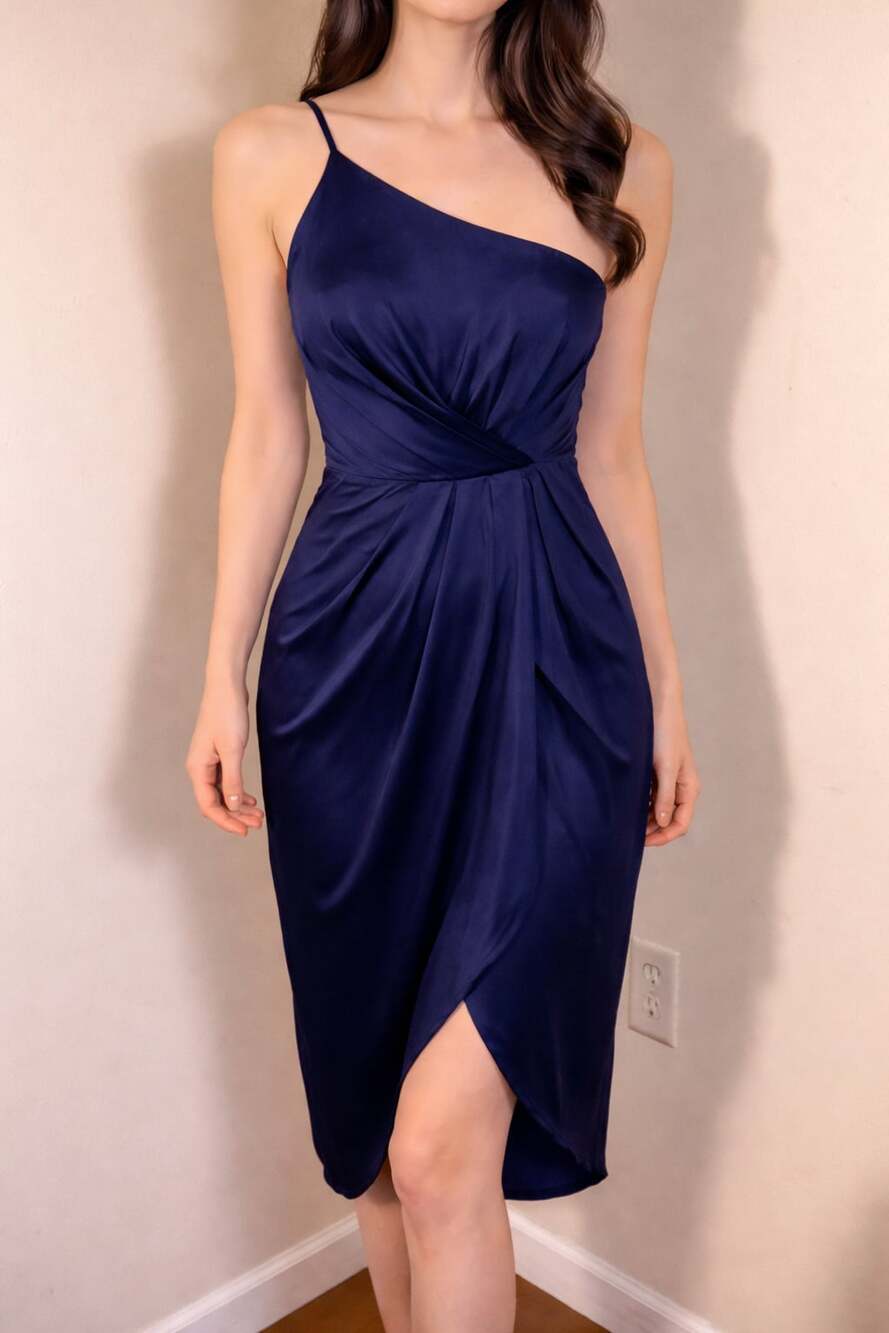 Lulus Law of Attraction Navy Blue One-Shoulder Asymmetrical Satin Midi Dress - Thumbnail 4