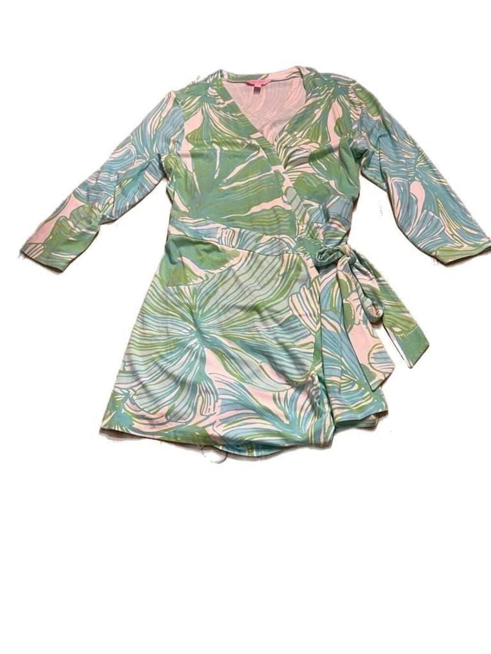 Lilly Pulitzer Women's XL Wrap Romper Green Blue Leaf Print - Thumbnail 4