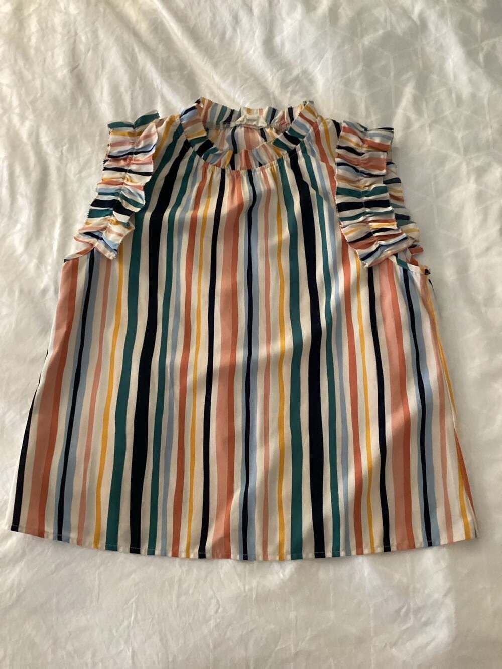 THML Multi-Color Stripe Ruffle Sleeve High Neck Blouse - Thumbnail 4