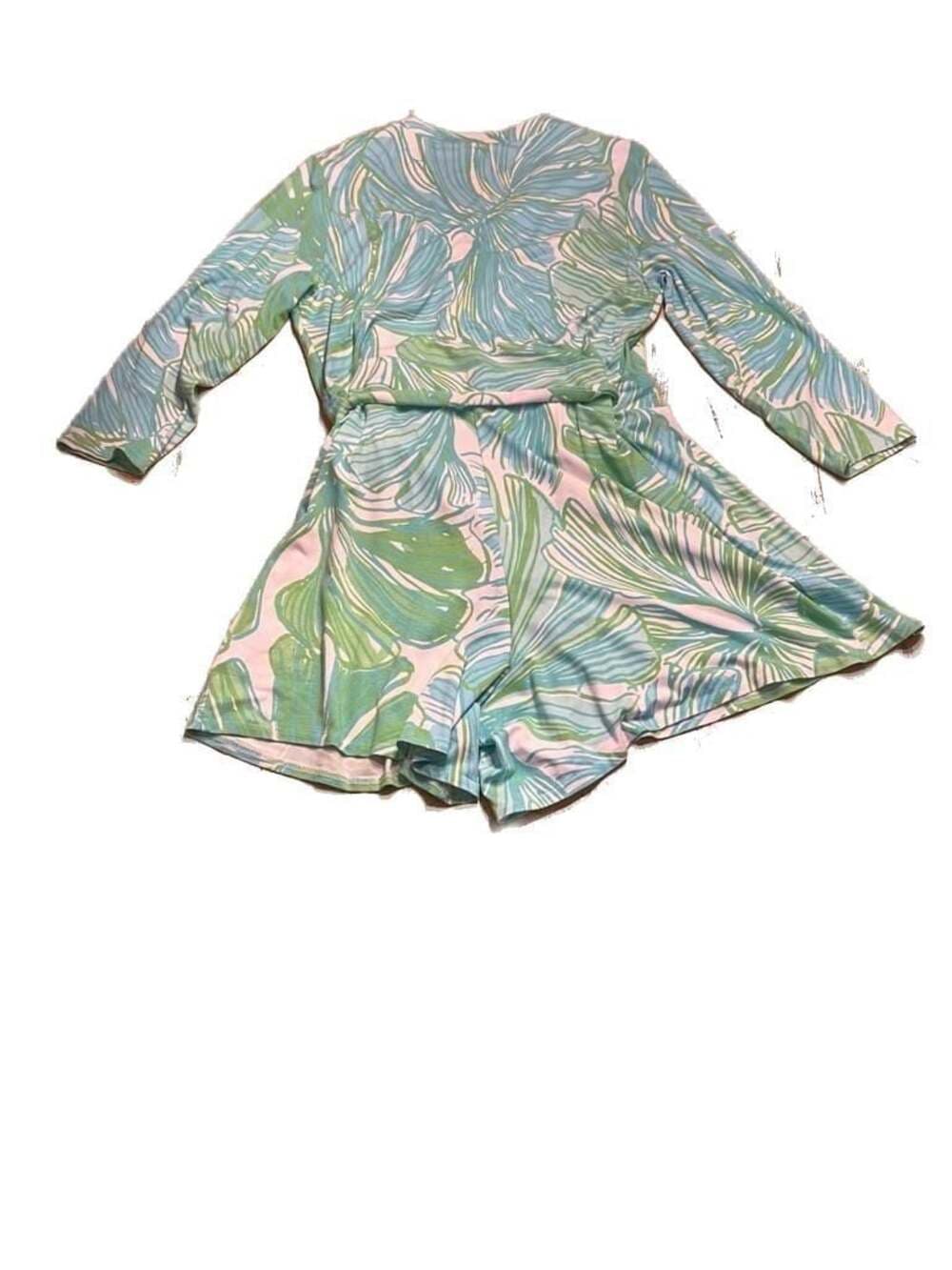 Lilly Pulitzer Women's XL Wrap Romper Green Blue Leaf Print - Thumbnail 2