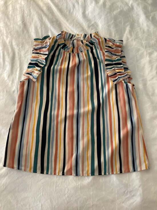 THML Multi-Color Stripe Ruffle Sleeve High Neck Blouse - Thumbnail 5