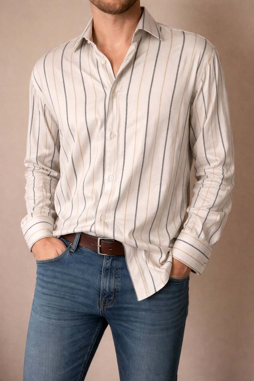 Steven Land Men's White Cotton Greek Key Stripe Dress Shirt - Thumbnail 4