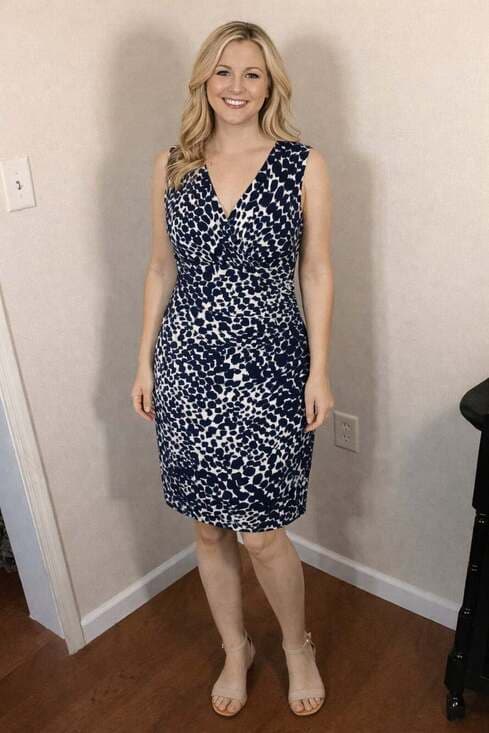 Lauren Ralph Lauren Sleeveless V-Neck Ruched Faux Wrap Geo Print Sheath Dress - Thumbnail 6