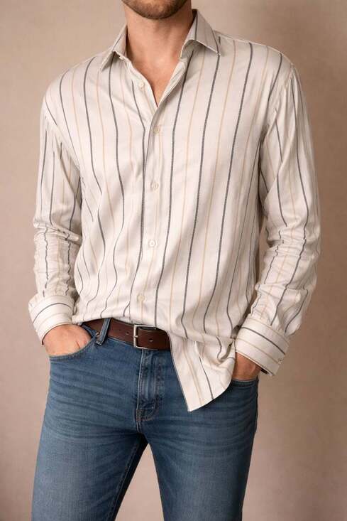 Steven Land Men's White Cotton Greek Key Stripe Dress Shirt - Thumbnail 5