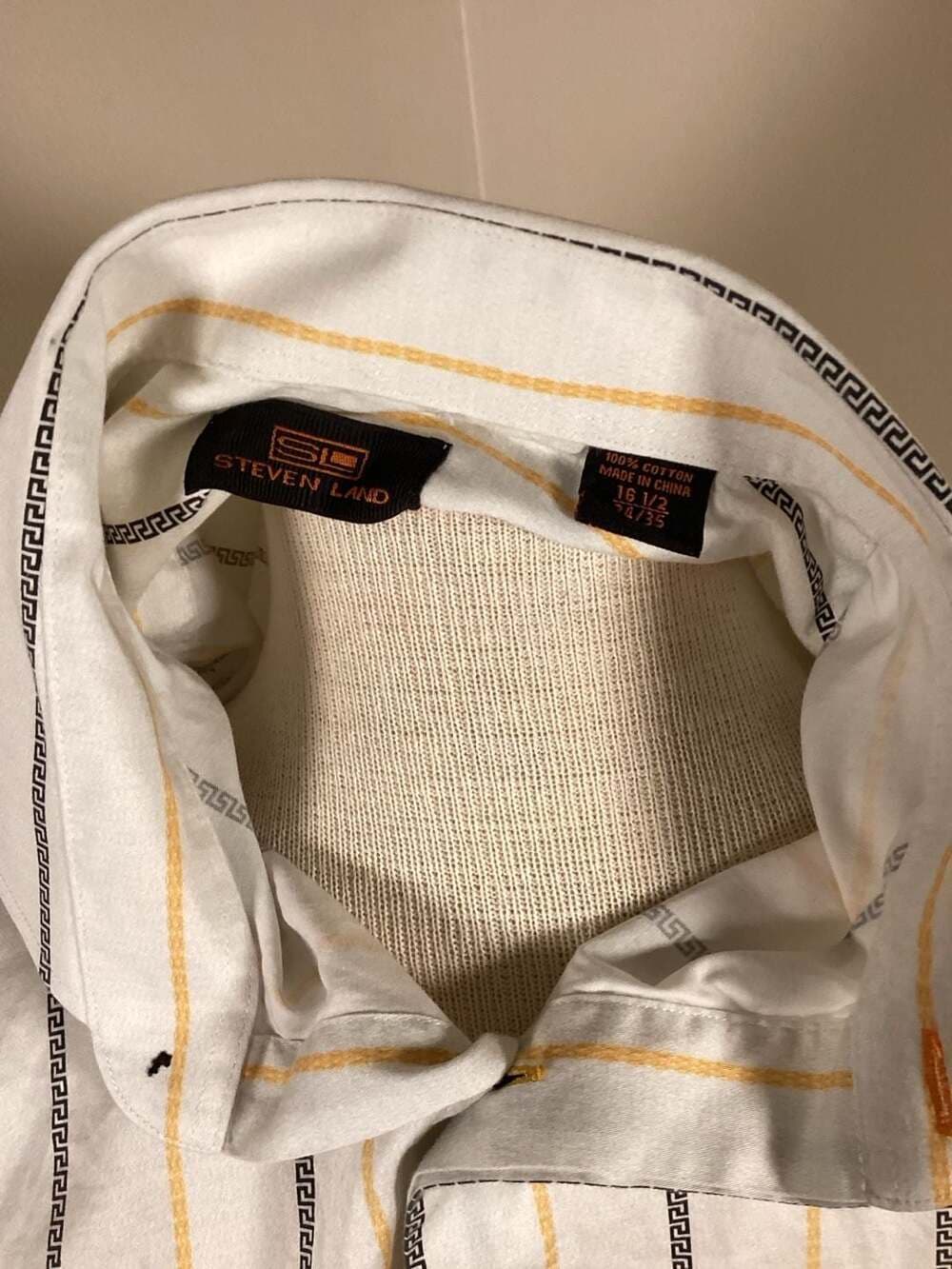 Steven Land Men's White Cotton Greek Key Stripe Dress Shirt - Thumbnail 2