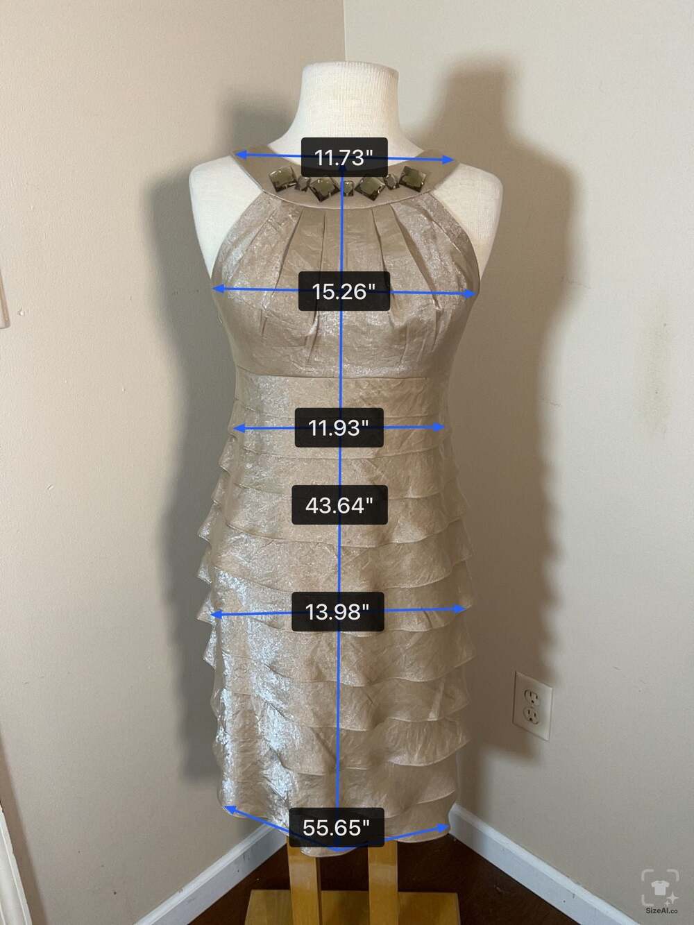 London Times Metallic Gold Tiered Ruffle Embellished Neckline Dress Size 4 - Thumbnail 3