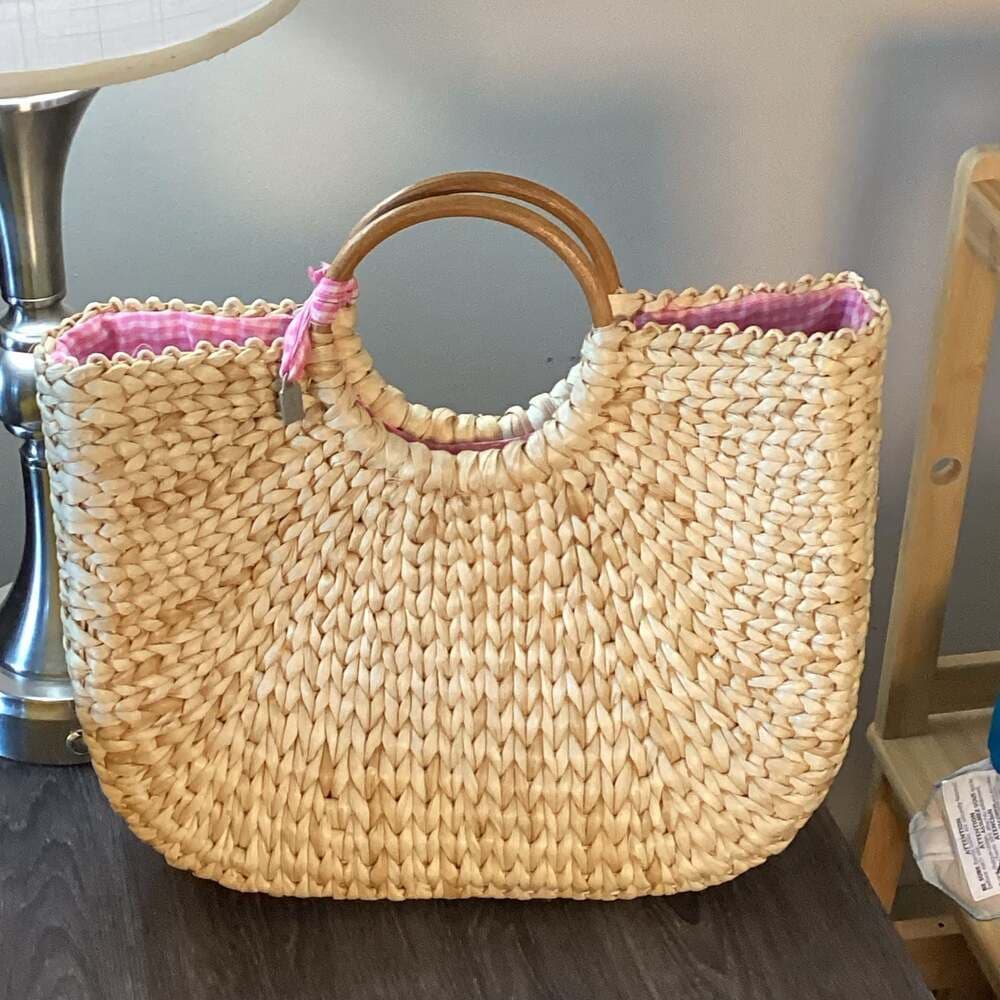 INCA by Stephanie Hirsch Woven Straw Tote Bag with Pink Gingham Lining - Thumbnail 6