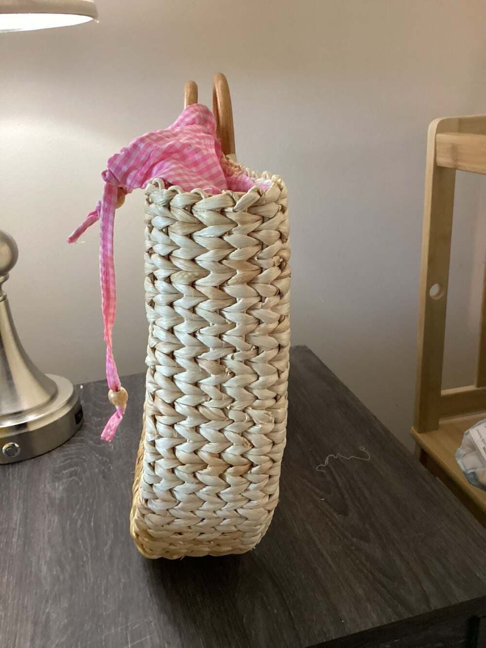 INCA by Stephanie Hirsch Woven Straw Tote Bag with Pink Gingham Lining - Thumbnail 5