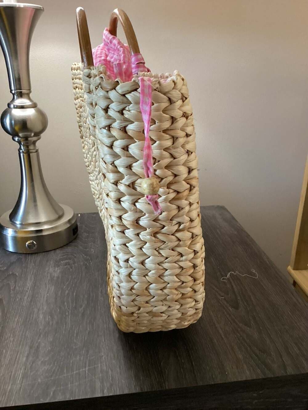 INCA by Stephanie Hirsch Woven Straw Tote Bag with Pink Gingham Lining - Thumbnail 4