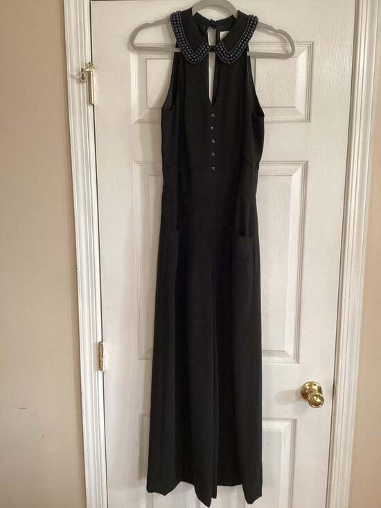 Anthropologie Elevenses Black Coraline Beaded Collar Wide Leg Jumpsuit - Thumbnail 6