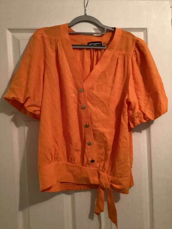 Karl Lagerfeld Paris Orange Puff Sleeve Button Front Tie Waist Blouse Size M - Thumbnail 5