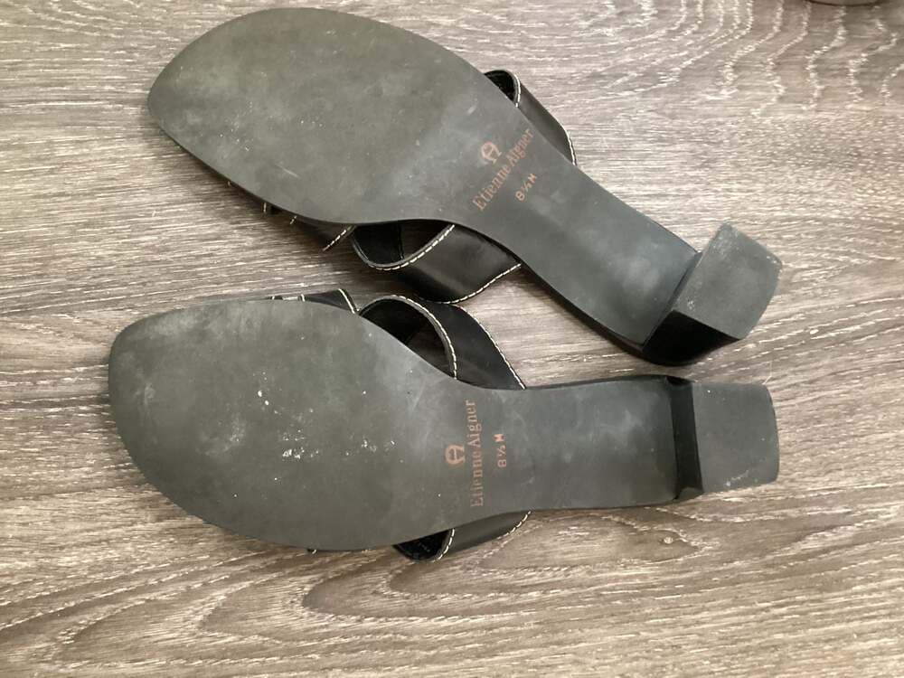 Etienne Aigner Black Leather Contrast Stitch Block Heel Mules Size 8.5M - Thumbnail 3