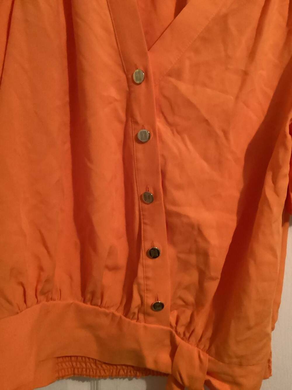 Karl Lagerfeld Paris Orange Puff Sleeve Button Front Tie Waist Blouse Size M - Thumbnail 2