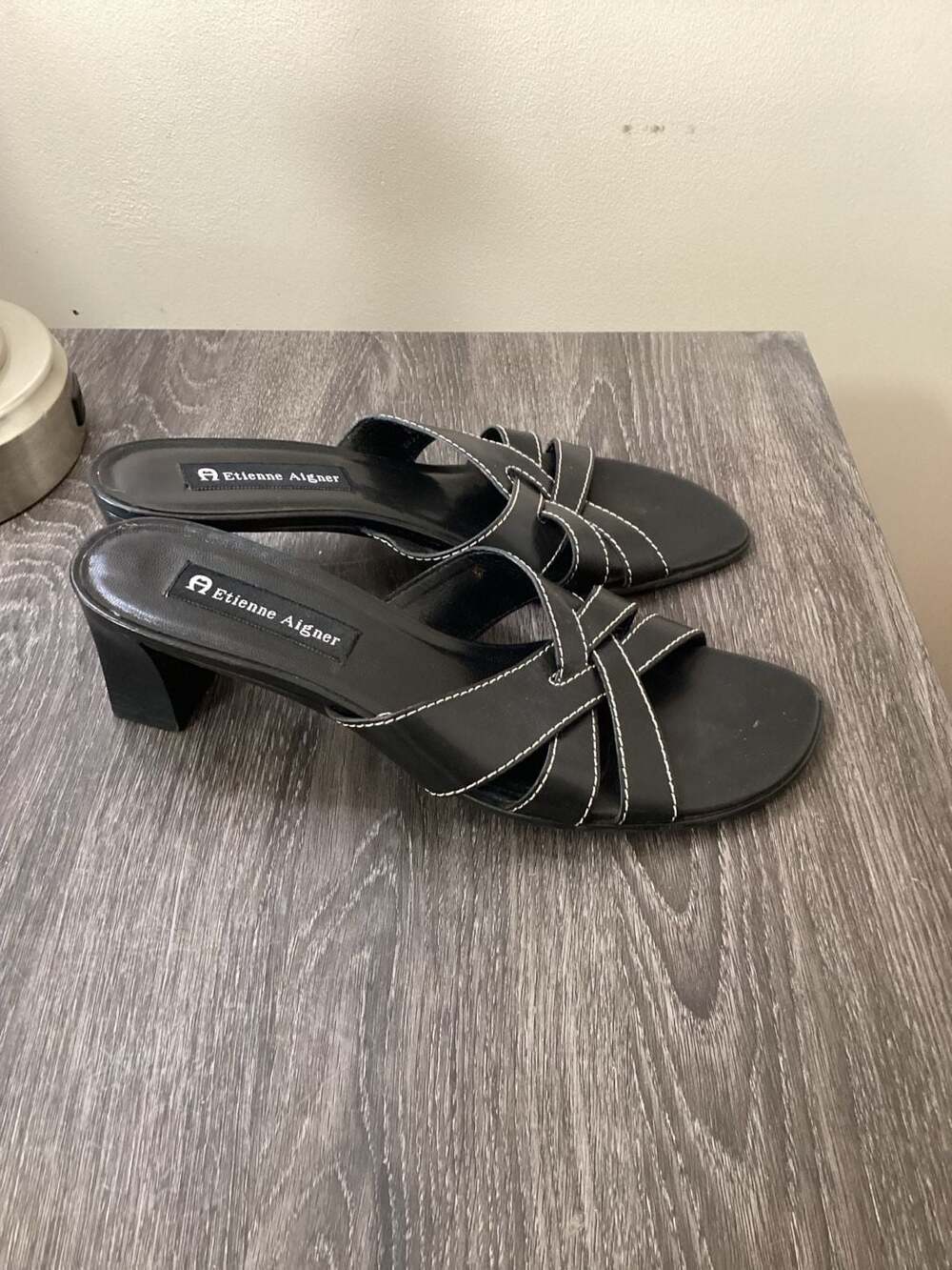 Etienne Aigner Black Leather Contrast Stitch Block Heel Mules Size 8.5M - Thumbnail 2