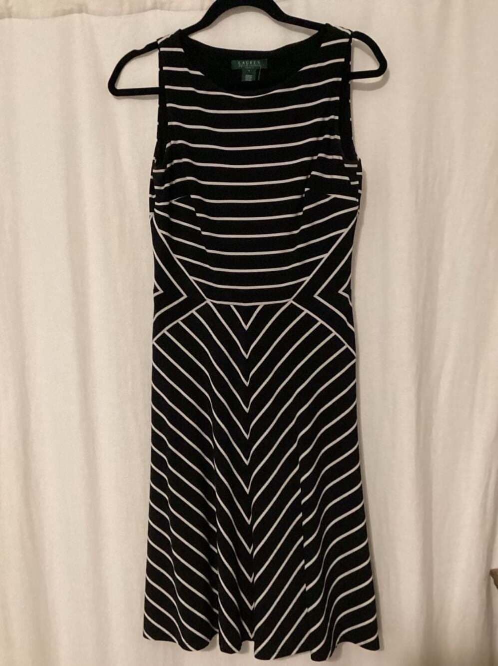 Lauren Ralph Lauren Black and White Striped Sleeveless Chevron Knit A-Line Dress - Thumbnail 3