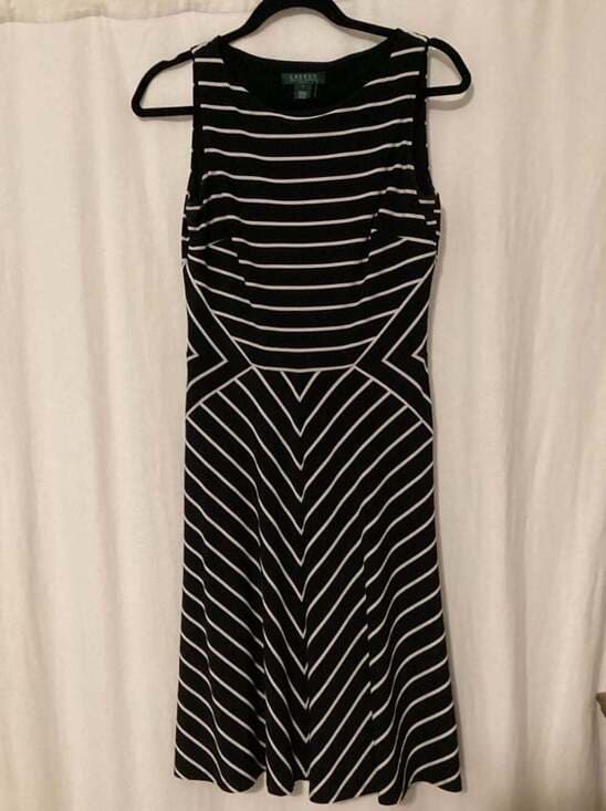 Lauren Ralph Lauren Black and White Striped Sleeveless Chevron Knit A-Line Dress - Thumbnail 4