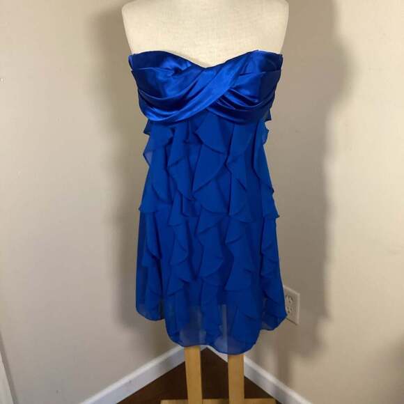 Caché Vintage Y2K Royal Blue Strapless Ruffle Tiered Mini Cocktail Dress - Thumbnail 4