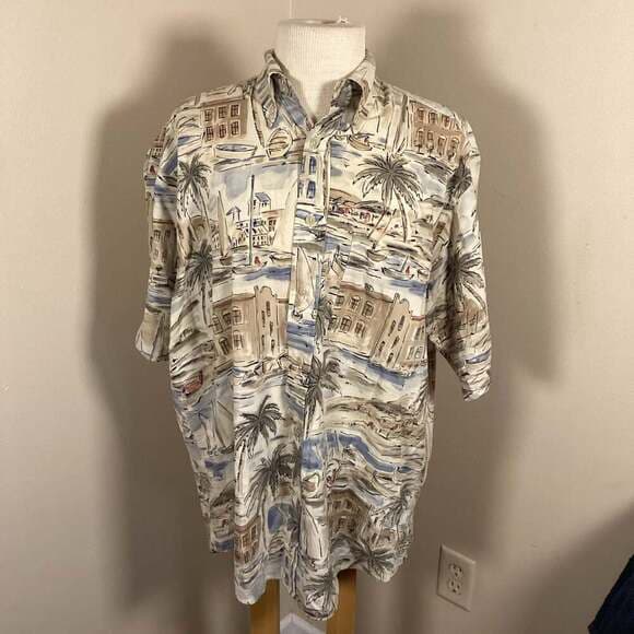 Vintage Nautica Men's Medium Rayon Cotton Blend Hawaiian Shirt Coastal Scenic Pr - Thumbnail 4