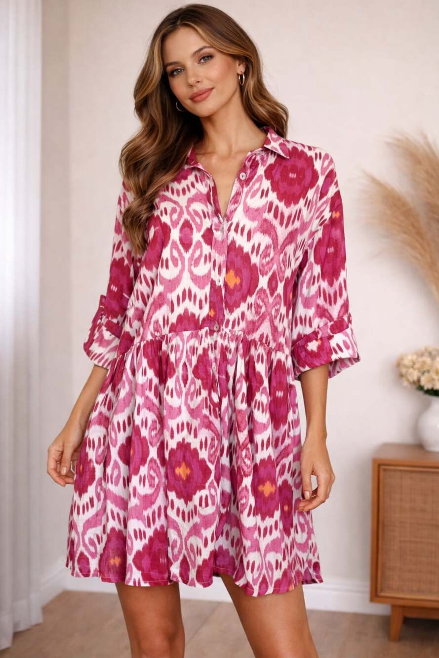 Ro's Garden Magenta June Deauville Ikat Shirt Dress Size M - Thumbnail 4