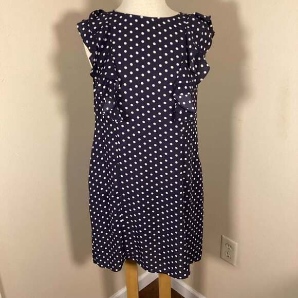 Donna Morgan Navy Blue and White Polka Dot Ruffle Sleeve Sheath Dress Size 2 - Thumbnail 4