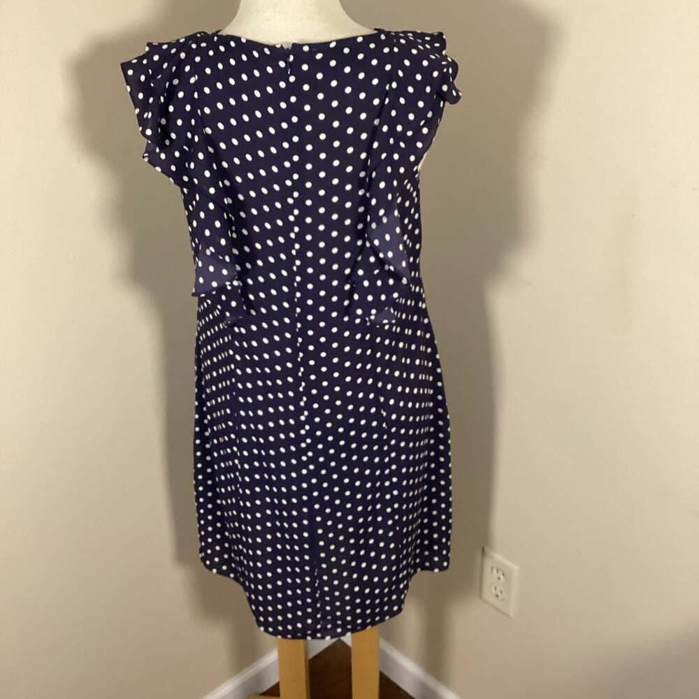 Donna Morgan Navy Blue and White Polka Dot Ruffle Sleeve Sheath Dress Size 2 - Thumbnail 3