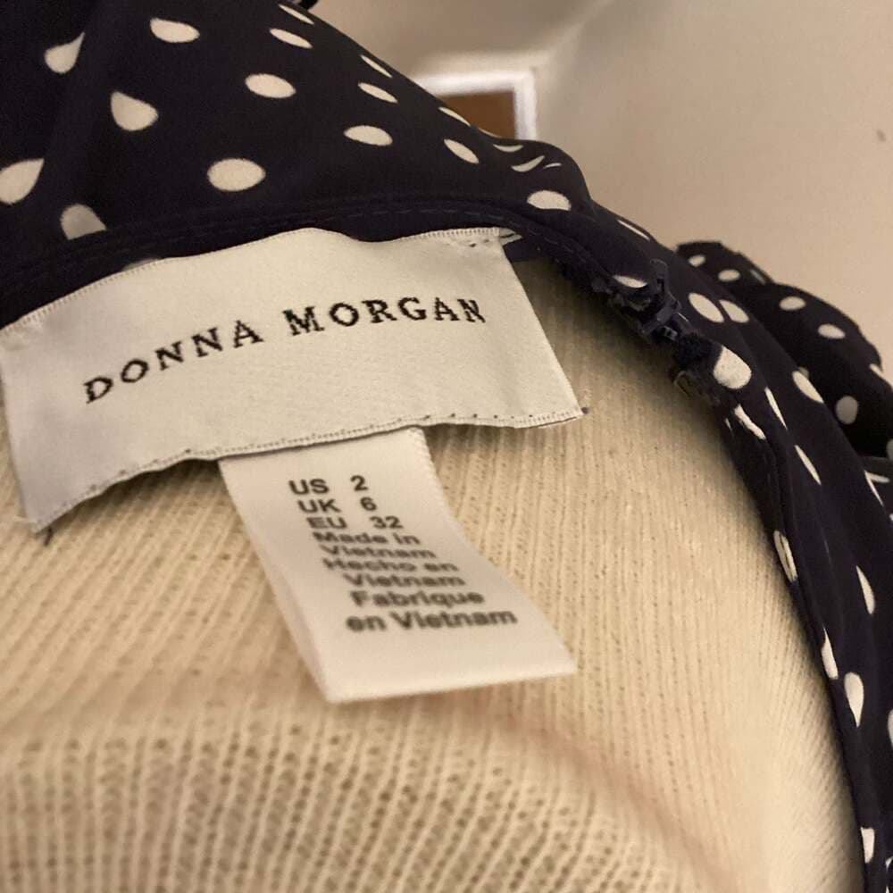 Donna Morgan Navy Blue and White Polka Dot Ruffle Sleeve Sheath Dress Size 2 - Thumbnail 2
