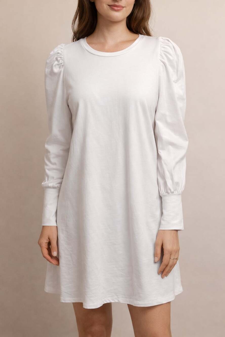 Addison Bay Vine Ivy Crew Neck Long Sleeve Puff Shoulder Mini Knit Dress - Thumbnail 4