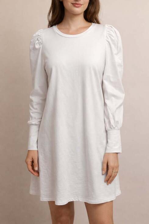 Addison Bay Vine Ivy Crew Neck Long Sleeve Puff Shoulder Mini Knit Dress - Thumbnail 5