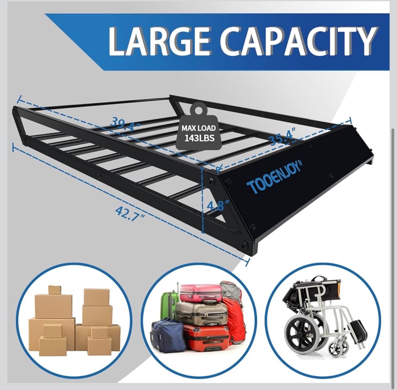 TOOENJOY Roof Rack Cargo Basket, 43’’x 35’’x 4.7’’, Anti-Rust Rooftop Cargo Carrier with Removable Wind Fairing, Universal Car Top Luggage Holder for Car, SUV and Truck, 150 lbs Capacity - Thumbnail 3