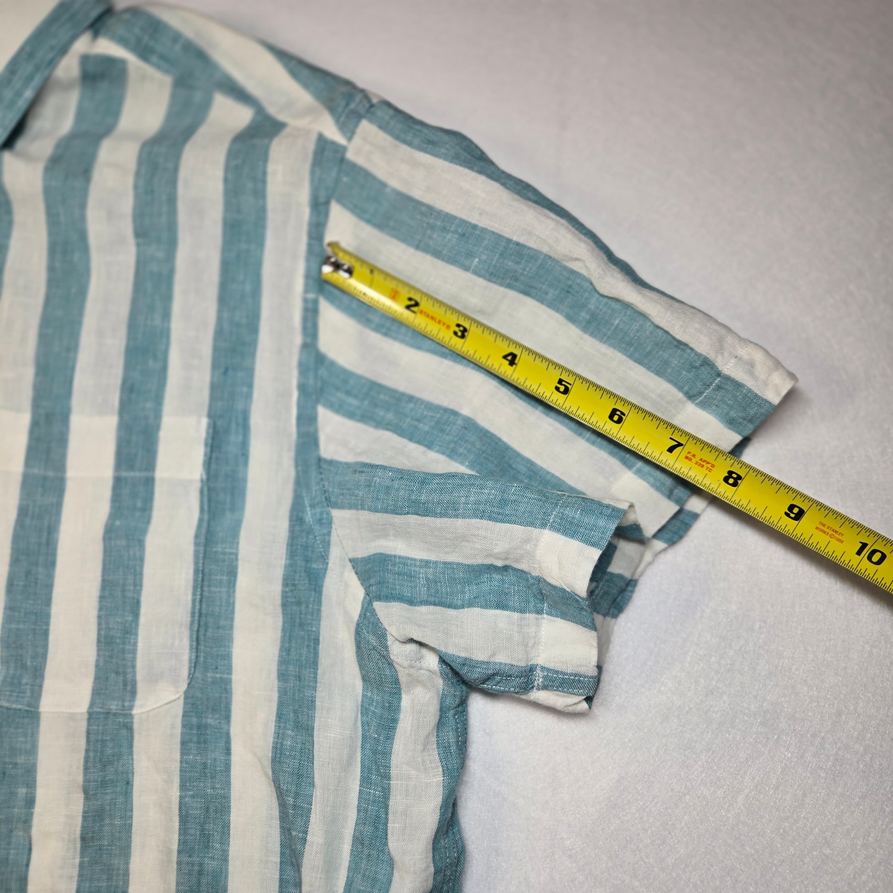 Blue Striped Short Sleeve Linen Shirt - Thumbnail 4