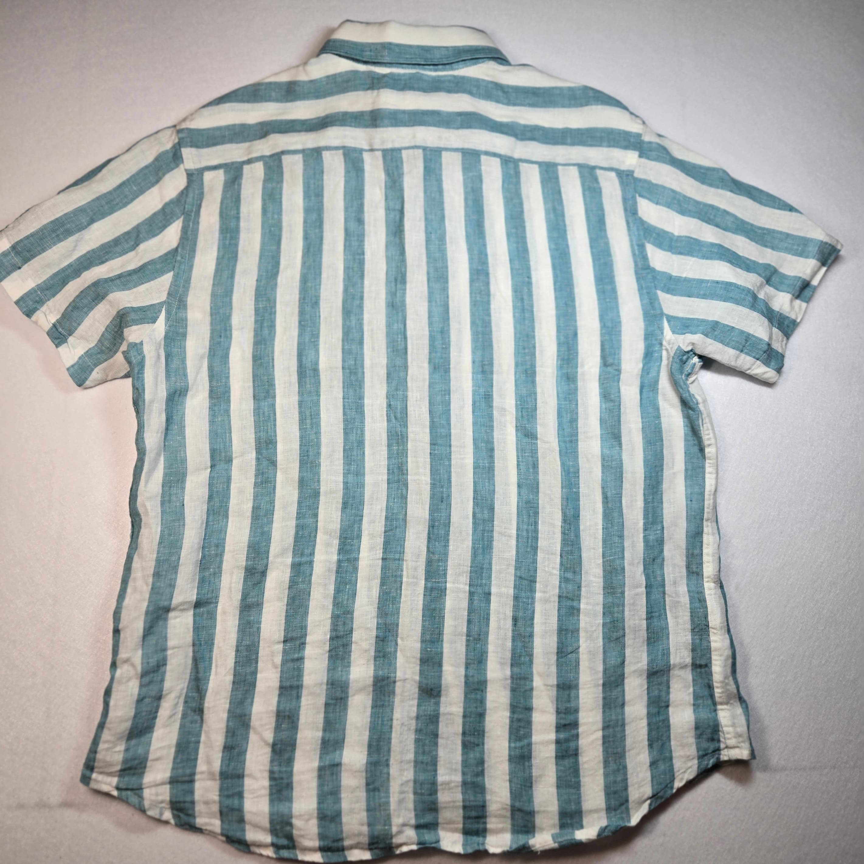 Blue Striped Short Sleeve Linen Shirt - Thumbnail 2