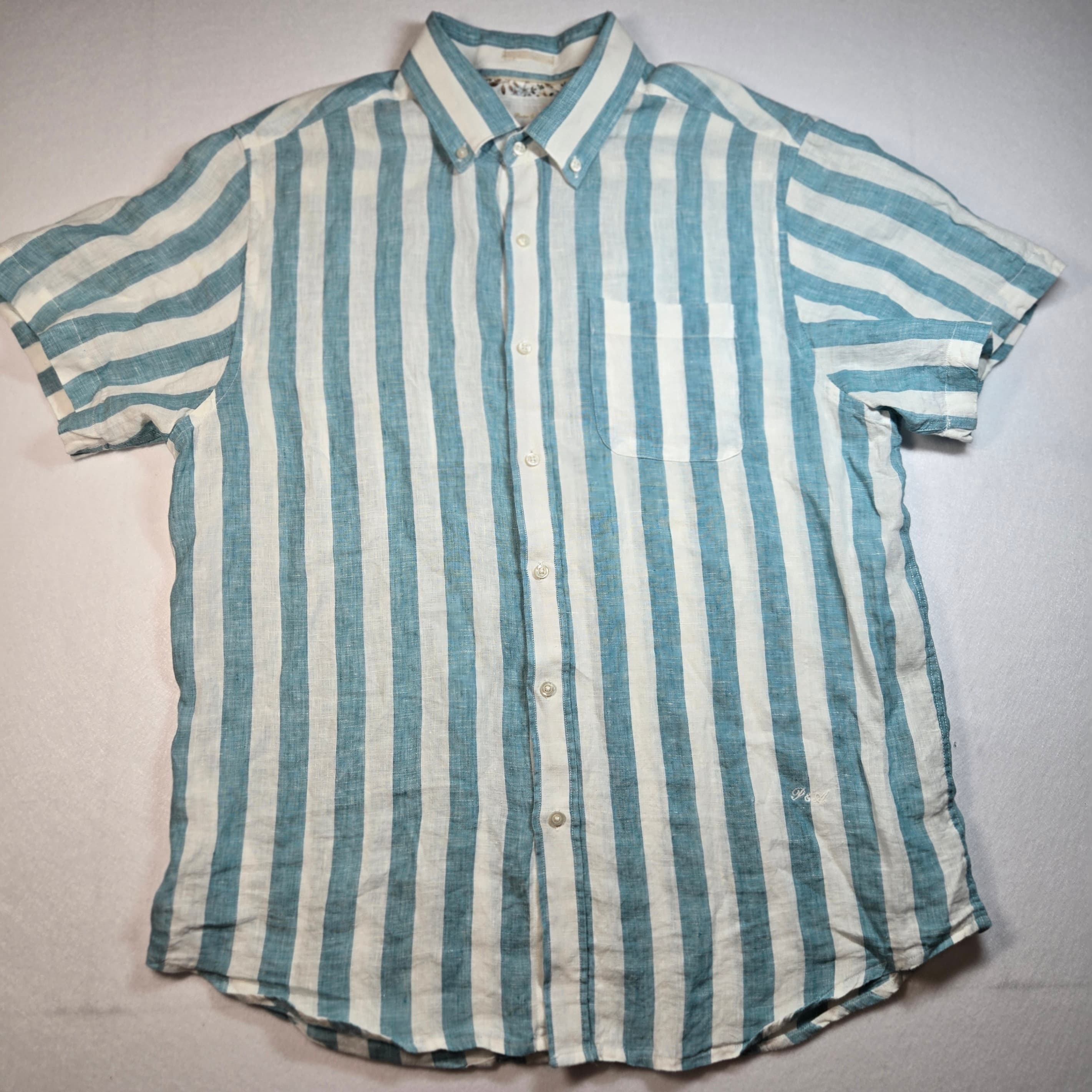 Blue Striped Short Sleeve Linen Shirt