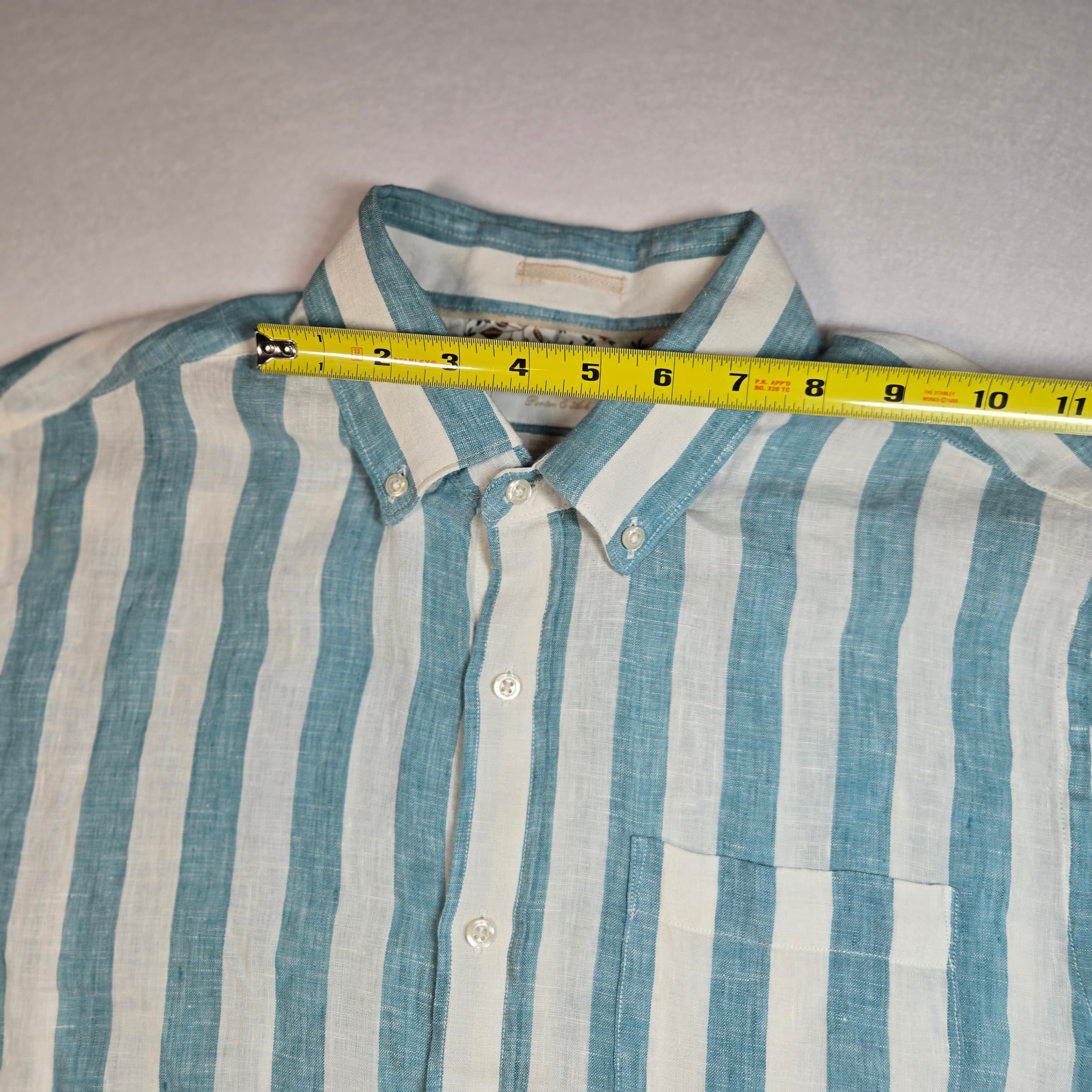Blue Striped Short Sleeve Linen Shirt - Thumbnail 5