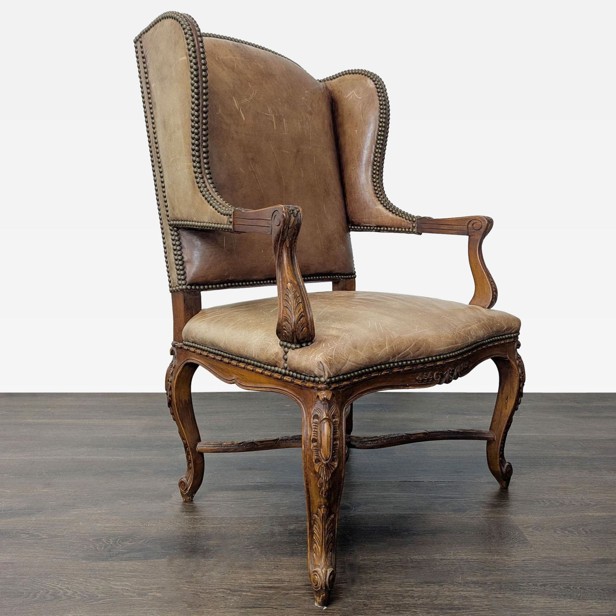 Leather & Wood Lounge Chair with Carved Details - Thumbnail 2