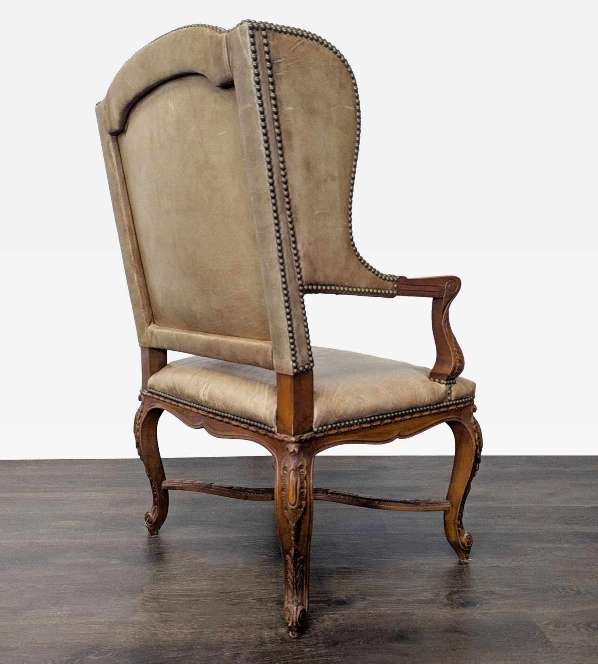 Leather & Wood Lounge Chair with Carved Details - Thumbnail 9