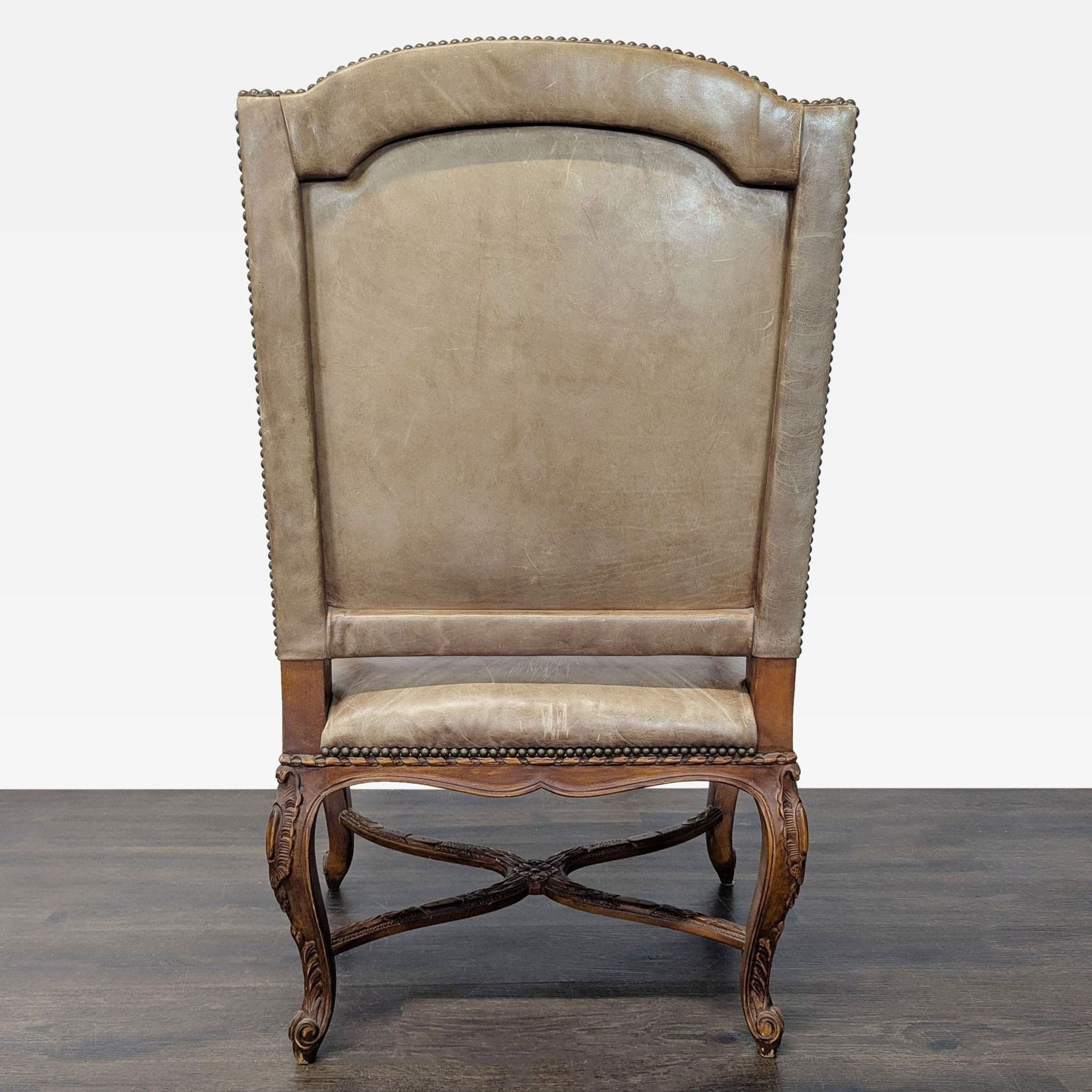Leather & Wood Lounge Chair with Carved Details - Thumbnail 8