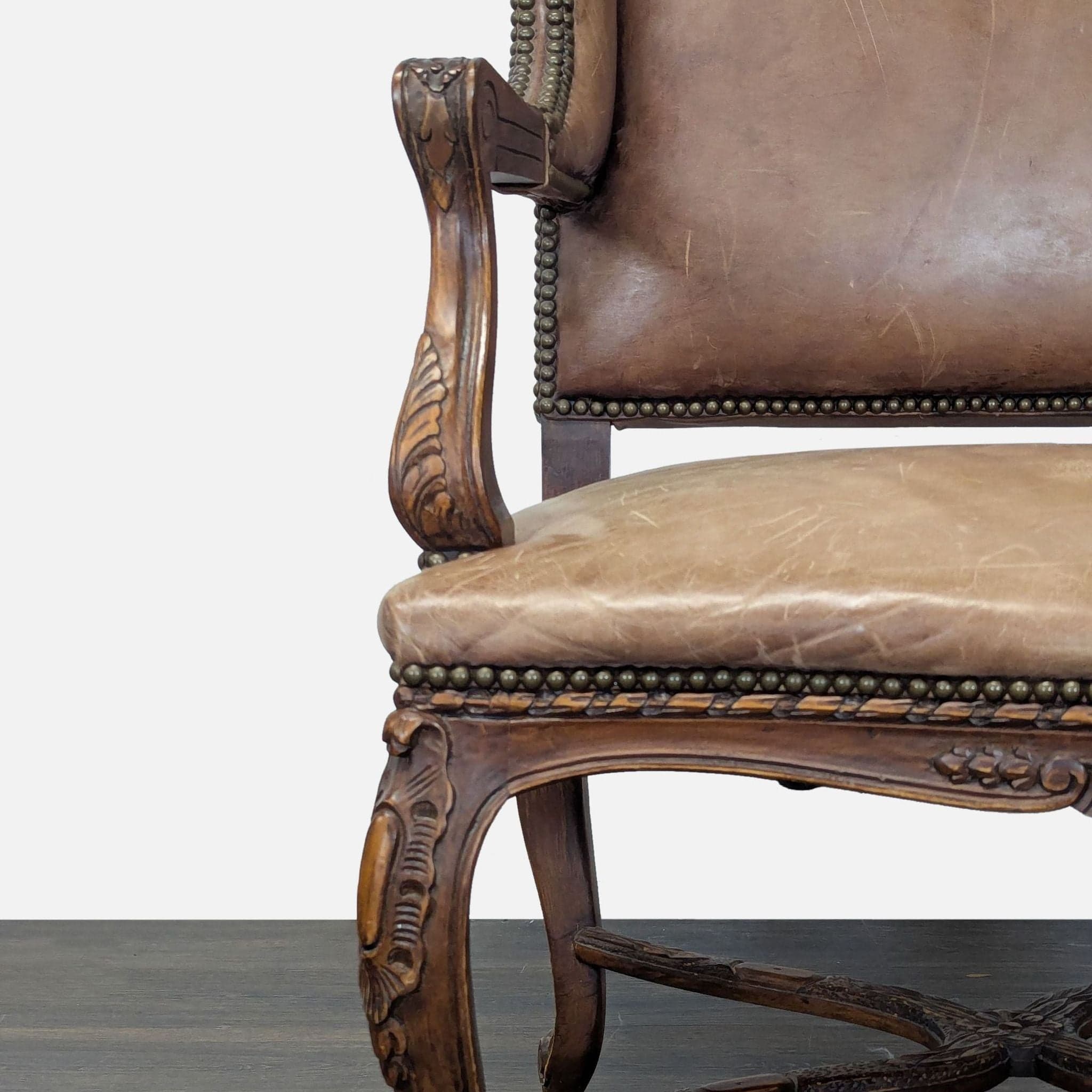 Leather & Wood Lounge Chair with Carved Details - Thumbnail 6