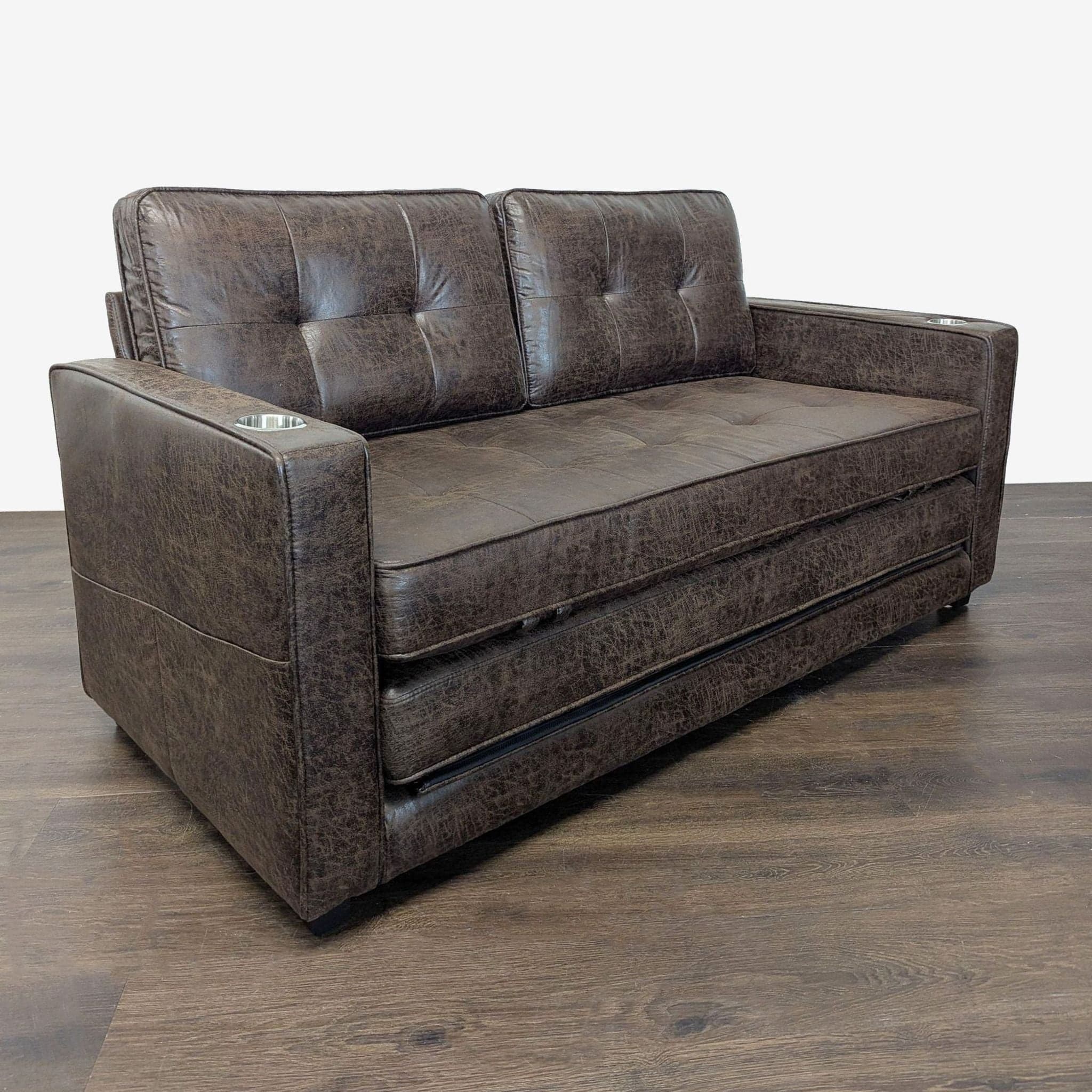 Brown Faux Leather Sleeper Sofa with Cup Holders - Thumbnail 6