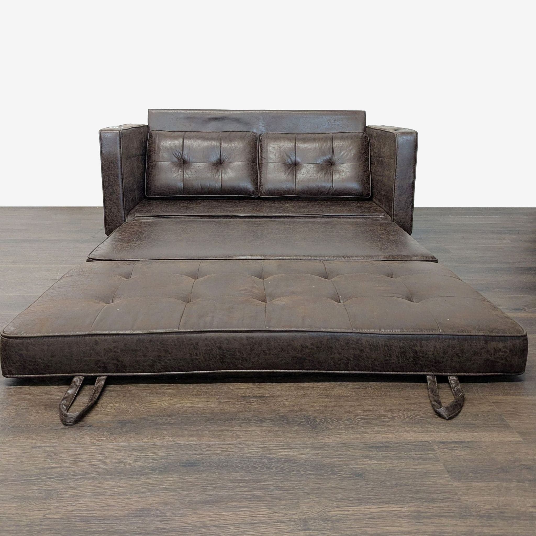 Brown Faux Leather Sleeper Sofa with Cup Holders - Thumbnail 2