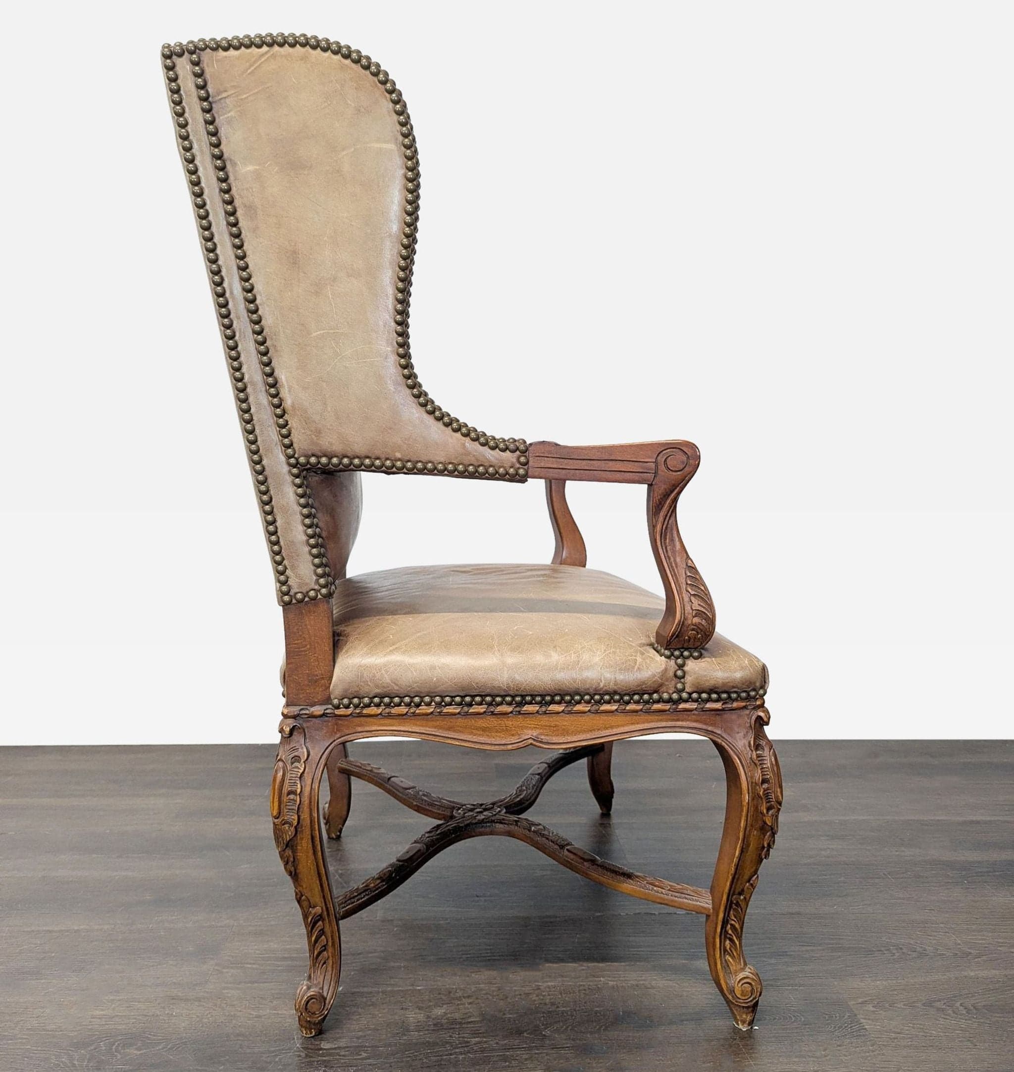 Leather & Wood Lounge Chair with Carved Details - Thumbnail 3