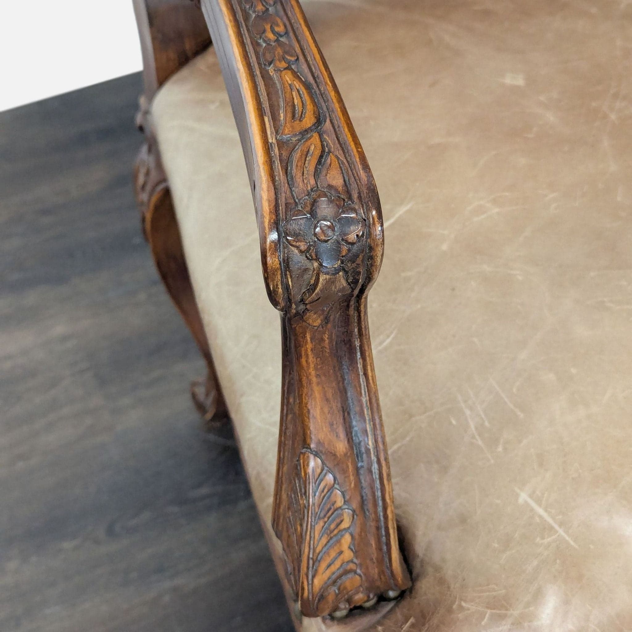 Leather & Wood Lounge Chair with Carved Details - Thumbnail 4