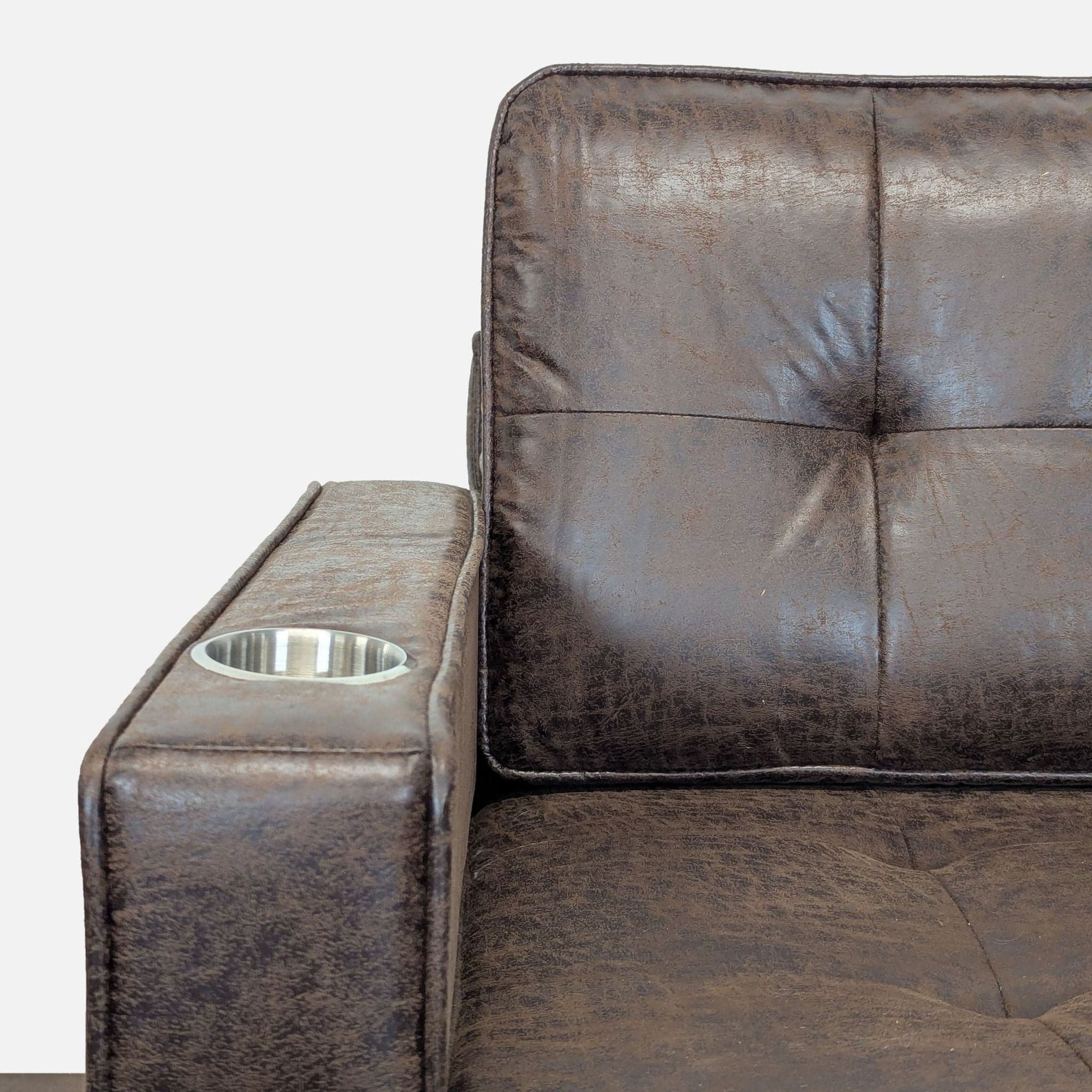 Brown Faux Leather Sleeper Sofa with Cup Holders - Thumbnail 4